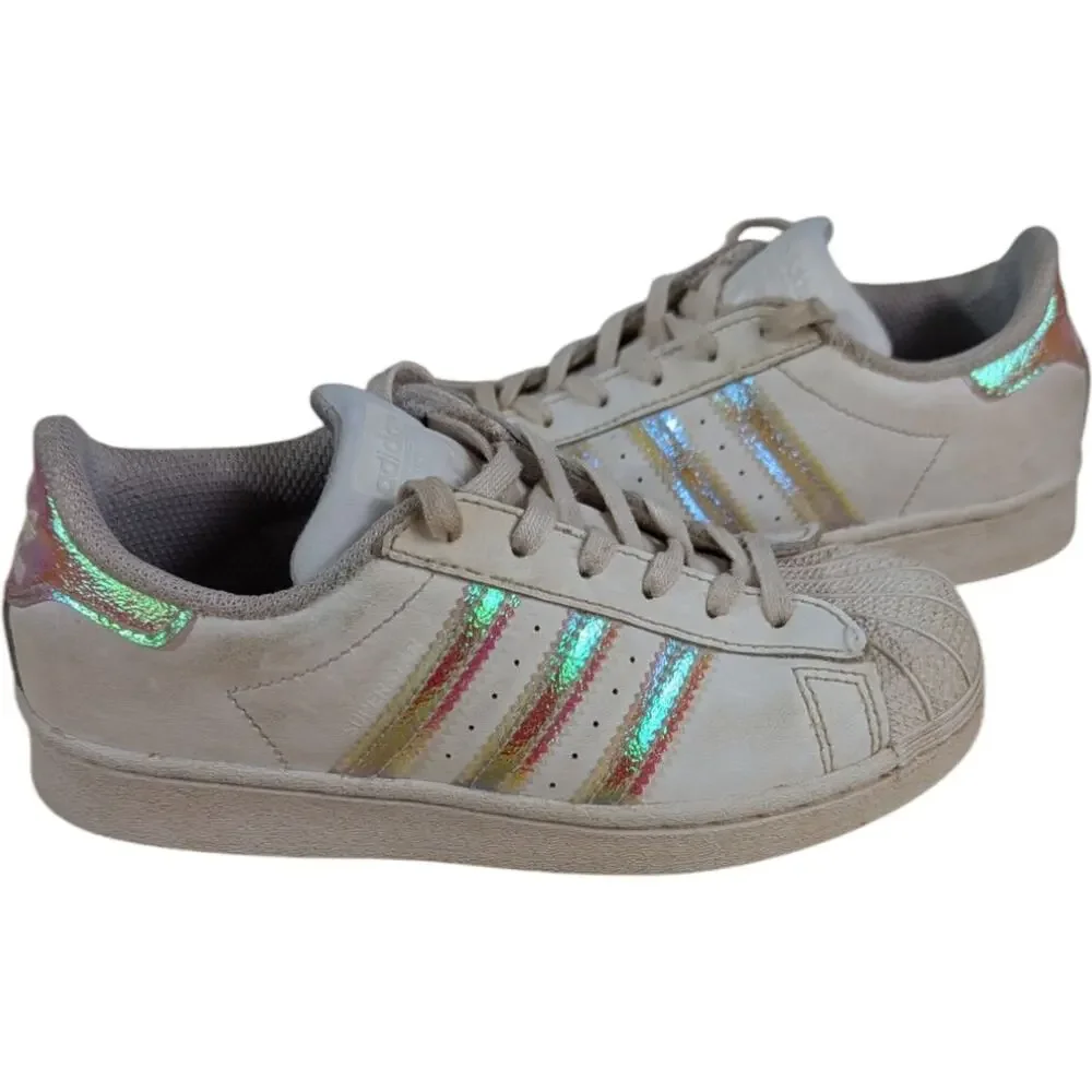 Adidas Girls Superstar Shoes White Size 13K fv3147 Iridiscente Shiny Stripes